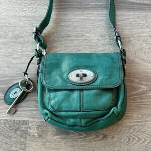 Fossil Maddox Dark Teal Leather Flap Crossbody Bag Key Charm Y2k Vintage